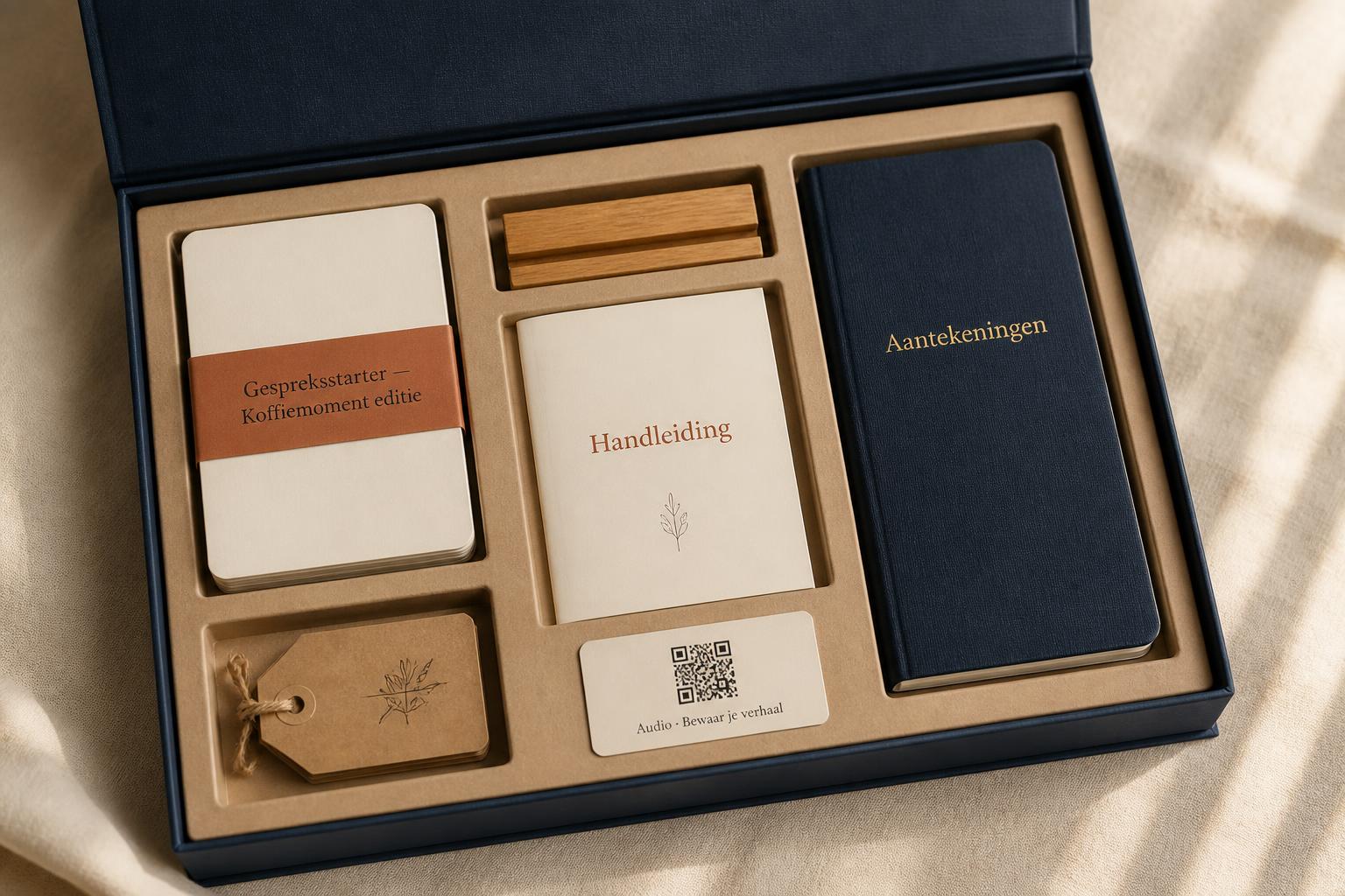 Geopende doos met kartonnen inlay: kaartstapel, houten standaard, handleiding, objectlabels en QR-audio-kaartje
